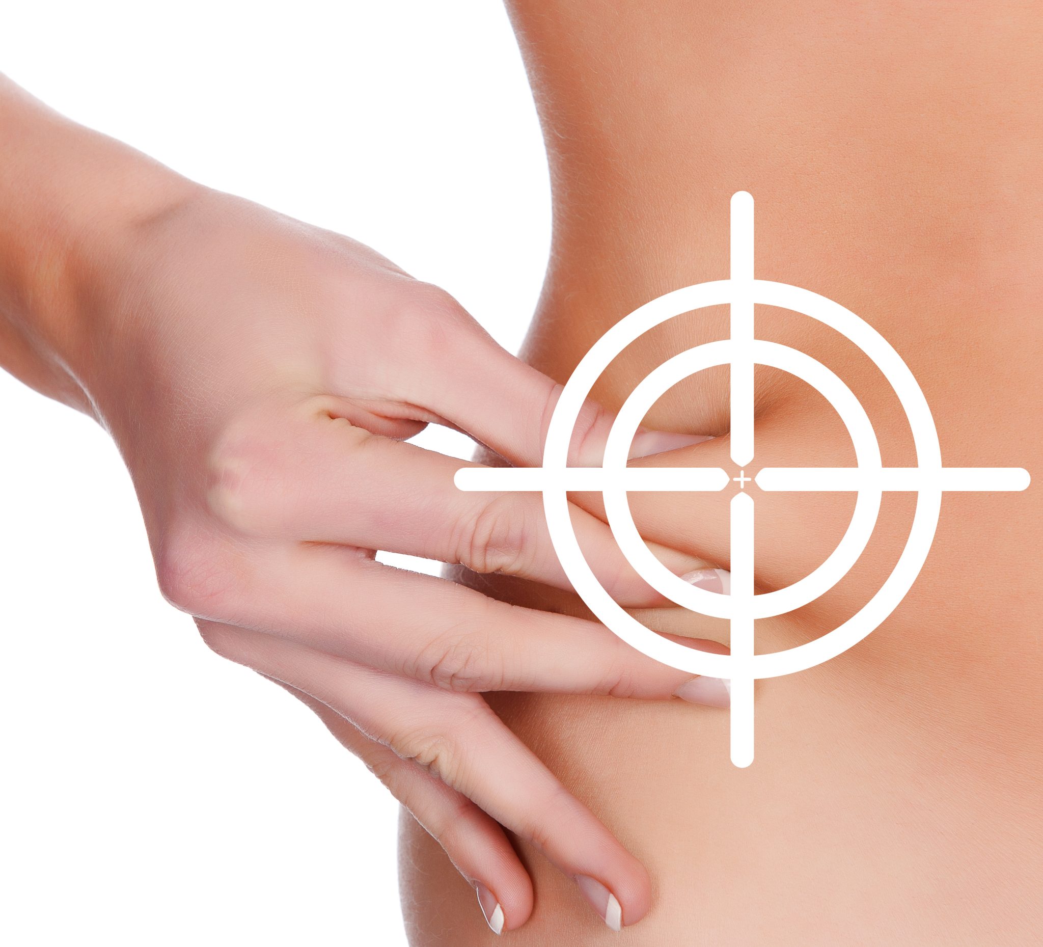 Woman pinching her skin with a target over top of it.